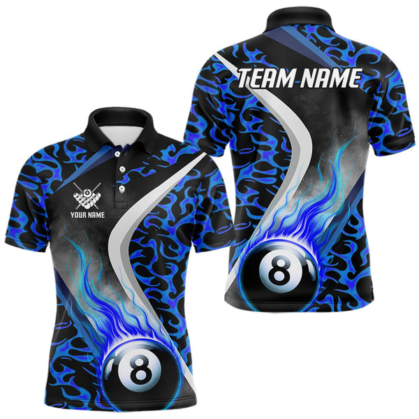 Maxcorners Personalized Flame Blue 8 Ball Pool Billiard Shirt For Men, Billiard Team Jersey Polo & 1/4 Zip LM2707
