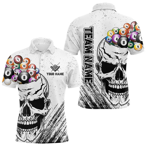 Maxcorners Personalized White Grunge Billiard Balls Skull Pool Shirt For Men, Funny Billiard Team Jersey TU1108