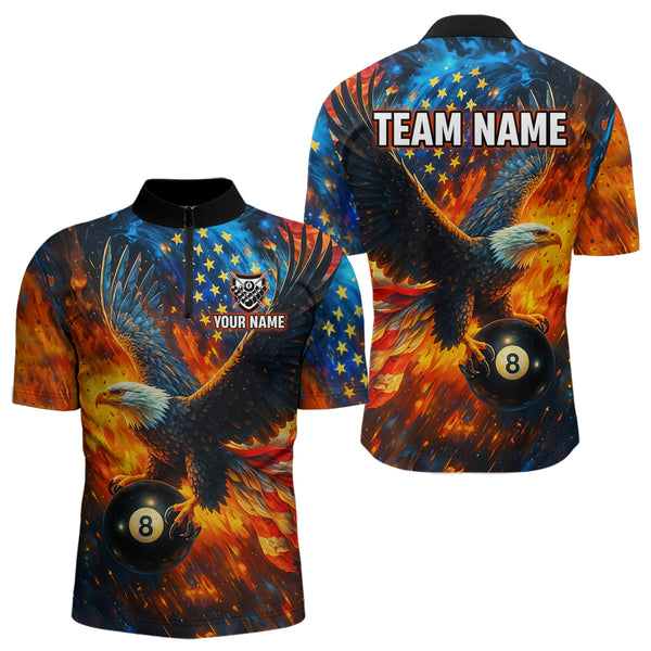 Maxcorners Personalized Flaming American Flag 8 Ball Eagle Billiard Shirt For Men, Patriotic Pool Team Jersey LM3006
