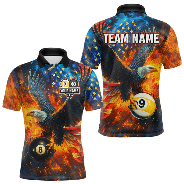 Maxcorners Personalized Orange Flaming US Flag 8 Ball & 9 Ball Eagle Billiard Shirt For Men, Pool Team Jersey LM3006