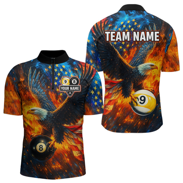 Maxcorners Personalized Orange Flaming US Flag 8 Ball & 9 Ball Eagle Billiard Shirt For Men, Pool Team Jersey LM3006
