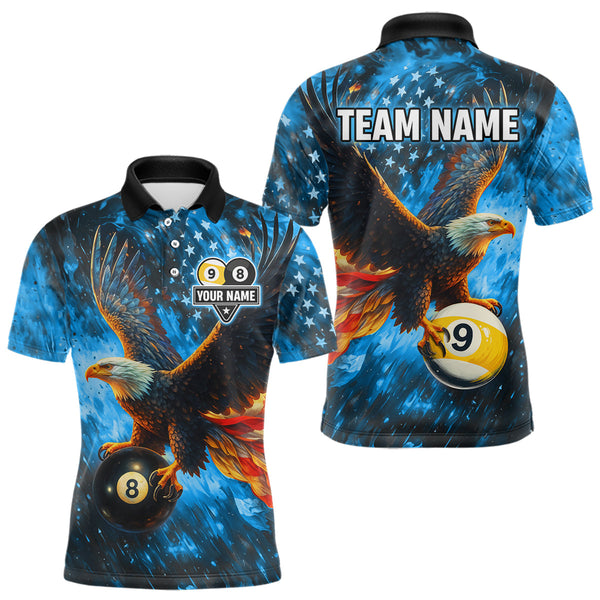 Maxcorners Personalized Blue Flaming US Flag 8 Ball & 9 Ball Eagle Billiard Shirt For Men, Pool Team Jersey LM3006