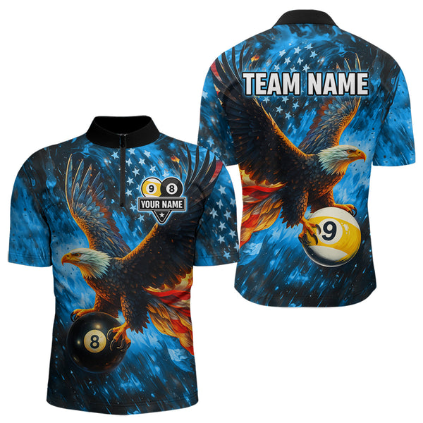 Maxcorners Personalized Blue Flaming US Flag 8 Ball & 9 Ball Eagle Billiard Shirt For Men, Pool Team Jersey LM3006