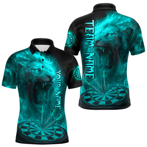 Maxcorners Personalized Turquoise Fire Flame Lion Darts Shirt For Men, Dart League Jersey Polo & 1/4 Zip LM2408