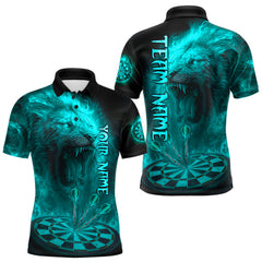 Maxcorners Personalized Turquoise Fire Flame Lion Darts Shirt For Men, Dart League Jersey Polo & 1/4 Zip LM2408