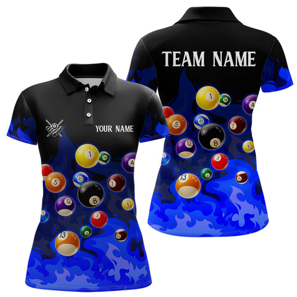 Maxcorners Blue 3D Billiard Balls Fire Flame Custom Billiard Shirts For Women, Billiard League Pool Team Jersey