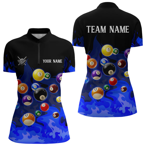 Maxcorners Blue 3D Billiard Balls Fire Flame Custom Billiard Shirts For Women, Billiard League Pool Team Jersey