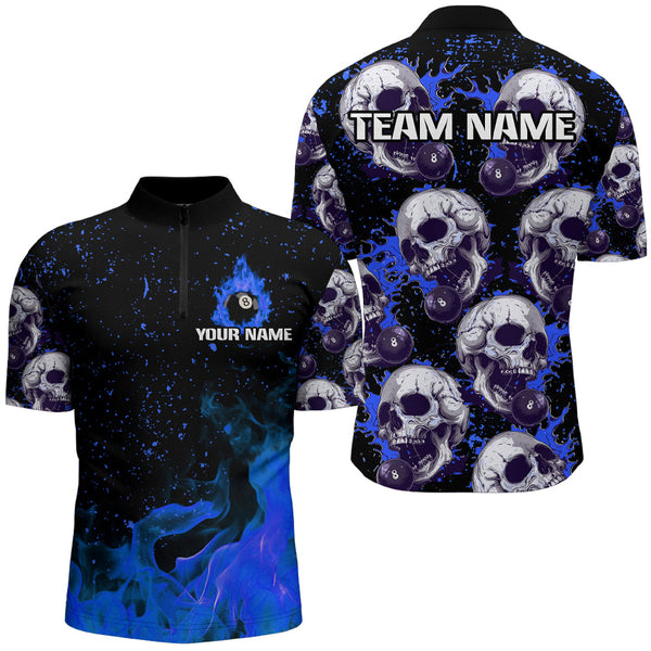 MaxCorners Billiard Blue Skull Fire 8 Ball Customized Name, Team Name 3D Polo Shirt For Men