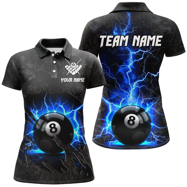 MaxCorners Billiard Blue 8 Ball Thunder Lightning Customized Name, Team Name 3D Polo Shirt For Women