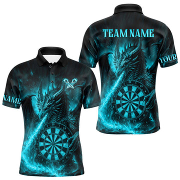 Maxcorners Turquoise Flaming Dragon Darts Jersey For Men Custom Polo & Quarter Zip Darts League Team Shirt LM1203