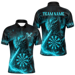 Maxcorners Turquoise Flaming Dragon Darts Jersey For Men Custom Polo & Quarter Zip Darts League Team Shirt TU1108