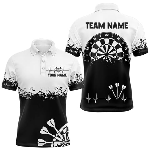 Maxcorners Personalized White Black Heartbeat Darts Shirt For Men Custom Grunge Darts Jersey Polo & 1/4 Zip LM0803