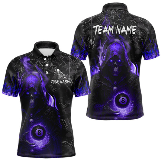 Maxcorners Customized Purple Flame Grim Reaper 8 Ball Pool Billiard Shirt For Men, Halloween Billiard Outfit LM1903