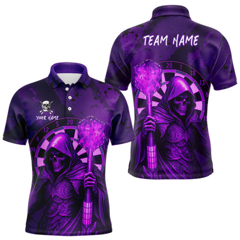 Maxcorners Personalized Purple Grunge Grim Reaper Darts Shirt For Men Custom 3D Darts Jersey Polo & 1/4 Zip TU0309