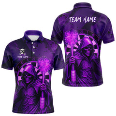 Maxcorners Personalized Purple Grunge Grim Reaper Darts Shirt For Men Custom 3D Darts Jersey Polo & 1/4 Zip LM1812