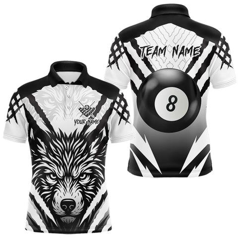 Maxcorners White Black Billiard Jersey Polo & 1/4 Zip Custom 8 Ball Pool Wolf Billiard Team Shirt For Men  LM0803