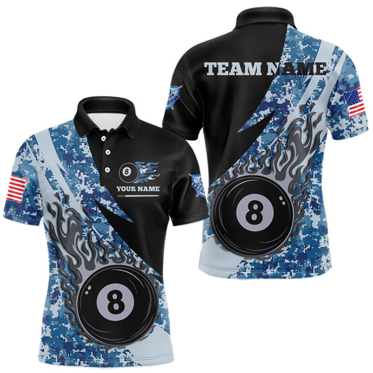 Maxcorners Personalized Flame 8 Ball Pool Military Blue Camo Billiard Shirts For Men Custom Pool Team Jersey LM0607