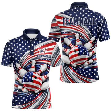 Maxcorners Custom Swirl American Flag Bowling Jersey For Men, Patriotic Bowling Team Shirts Polo & 1/4 Zip LM0510
