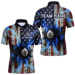 Maxcorners Blue 8 Ball Lightning American Flag Billiard Shirt For Men Custom Patriotic Pool Team Jersey LM0412