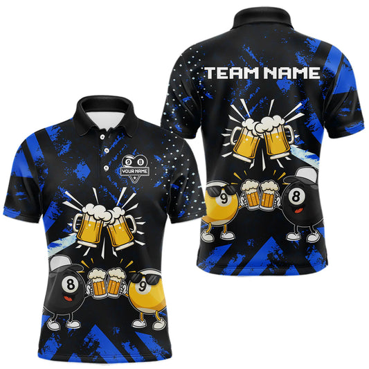 Maxcorners Black Blue Funny Beer Pool Shirt For Men Custom 8 Ball & 9 Ball Billiard Team Jersey Polo, 1/4 Zip LM0607