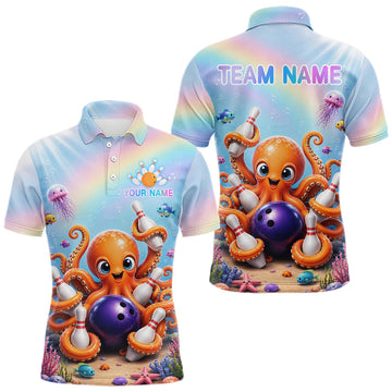 Maxcorners Funny Rainbow Octopus Ocean Bowling Shirts For Men Custom Bowling Polo, Quarter Zip Team Jersey