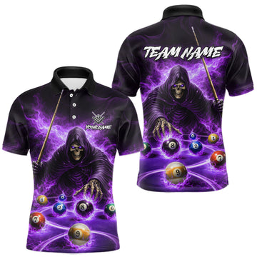 Maxcorners Purple Flaming Grim Reaper Billiard Shirt For Men Custom Pool Team Jersey Polo & Quarter Zip Shirt LM1104