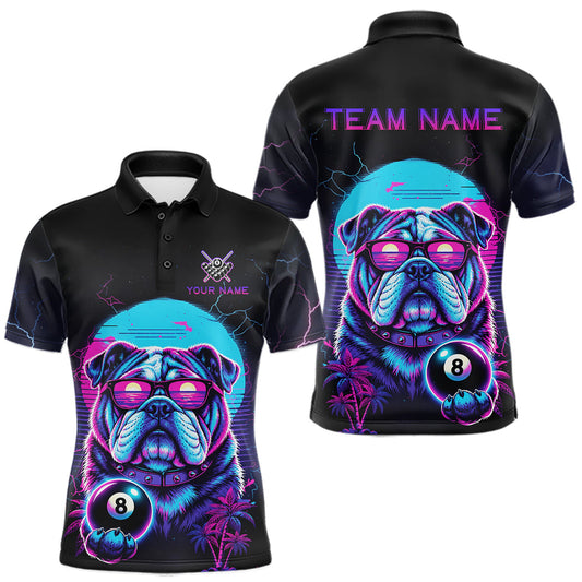 Maxcorners Funny Bulldog Billiard Jersey Polo & 1/4 Zip Custom Retro Neon 8 Ball Pool Team Shirt For Men LM0410