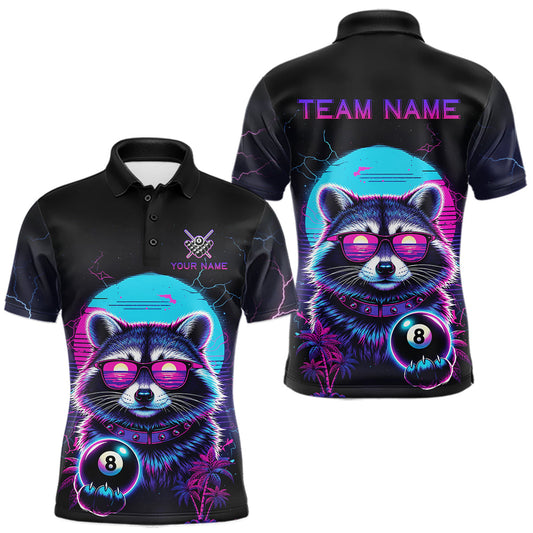 Maxcorners Funny Raccoon Billiard Jersey Polo & 1/4 Zip Custom Retro Neon 8 Ball Pool Team Shirt For Men LM0410
