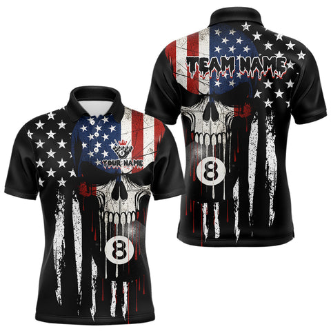 Maxcorners Grunge American Flag Skull 8 Ball Billiard Shirt For Men Custom Patriotic Pool Team Jersey MT1810