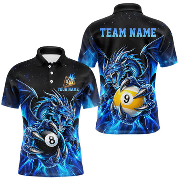 Maxcorners Blue Flaming 8 Ball & 9 Ball Dragon Billiard Shirts For Men Custom Pool Team Jersey Polo & 1/4 Zip LM1910
