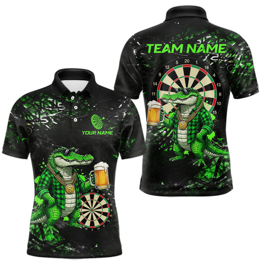 Maxcorners Green Grunge Funny Alligator Darts Shirt For Men Custom Darts Jersey Polo & 1/4 Zip, Darts Gifts LM1904