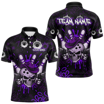 Maxcorners Black And Purple Funny Cowboy Skull Bowling Shirts For Men Custom Bowling League Team Jersey