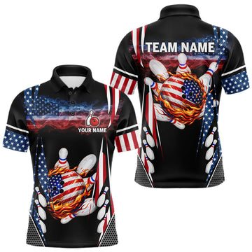 Maxcorners Personalized American Flag Fire Bowling Shirts For Men Custom Patriotic Bowling Team Jersey