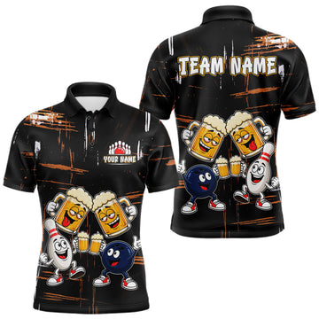 Maxcorners Custom Black And Orange Funny Beer Drunk Bowling Shirts For Men Bowling Team Jersey, Bowling Gifts