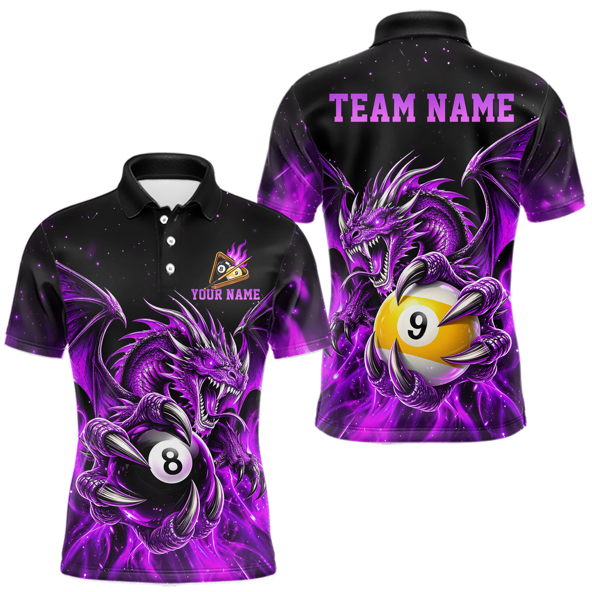 Maxcorners Purple Flaming 8 Ball & 9 Ball Dragon Billiard Shirts for Men Custom Pool Team Jersey Polo & 1/4 Zip