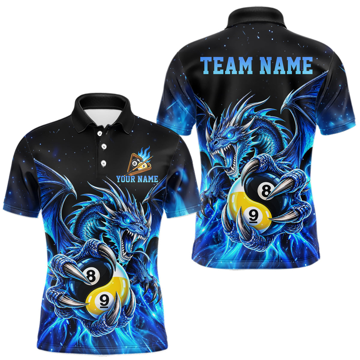 Maxcorners Blue Flaming Yin-Yang Dragon Billiard Shirts for Men Custom 8 Ball & 9 Ball Pool Team Jersey