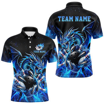 Maxcorners Custom Blue Flaming Dragon Bowling Jersey For Men Custom Bowling League Team Shirts Polo & 1/4 Zip