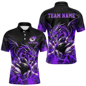 Maxcorners Custom Purple Flaming Dragon Bowling Jersey For Men Custom Bowling League Team Shirt Polo, 1/4 Zip