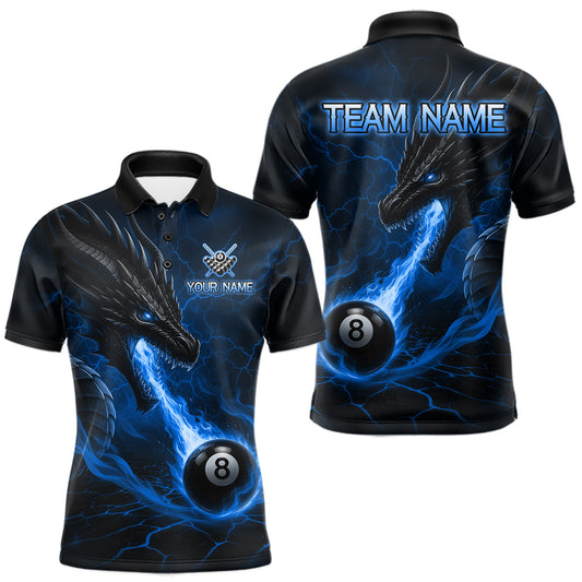 Maxcorners Custom Dragon 8 Ball Pool Fire Billiard Shirts For Men, Blue Billiard Team Jersey Polo & 1/4 Zip LM2806