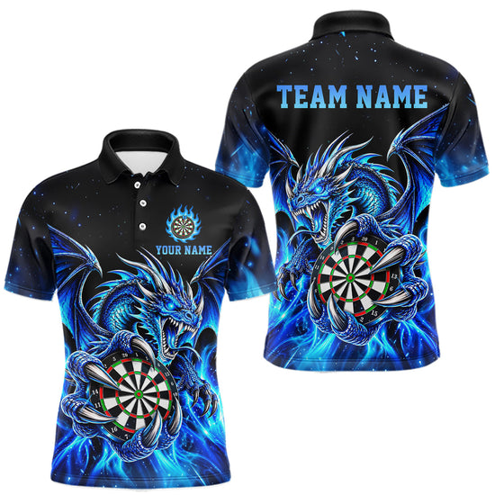 Maxcorners Blue Flaming Dragon Darts Shirts For Men Custom Darts League Team Jersey Polo & Quarter Zip