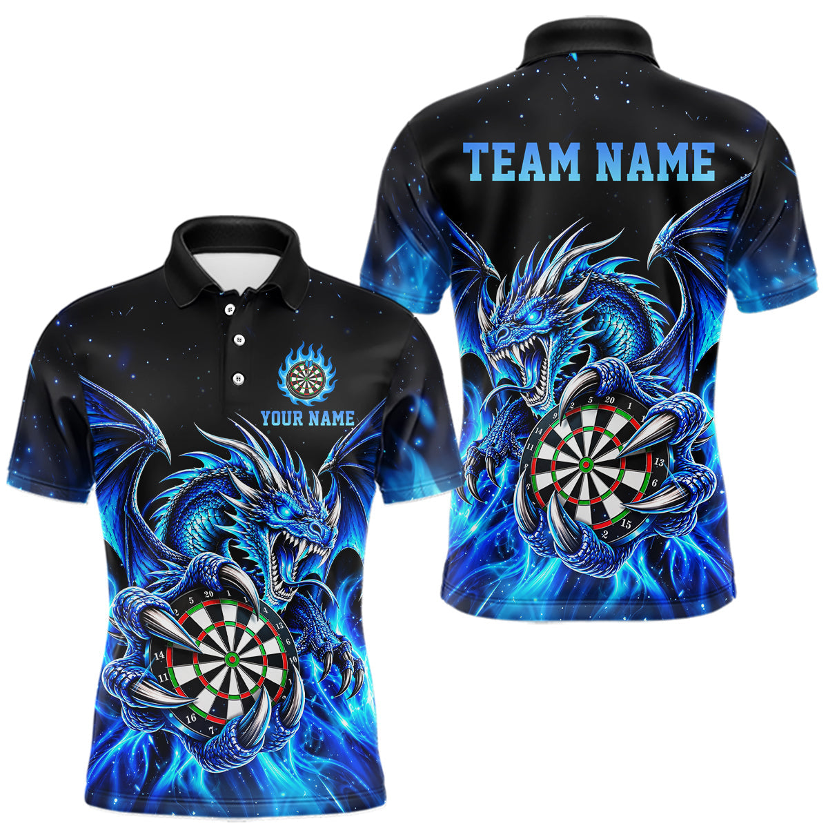 Maxcorners Blue Flaming Dragon Darts Shirts For Men Custom Darts League Team Jersey Polo & Quarter Zip