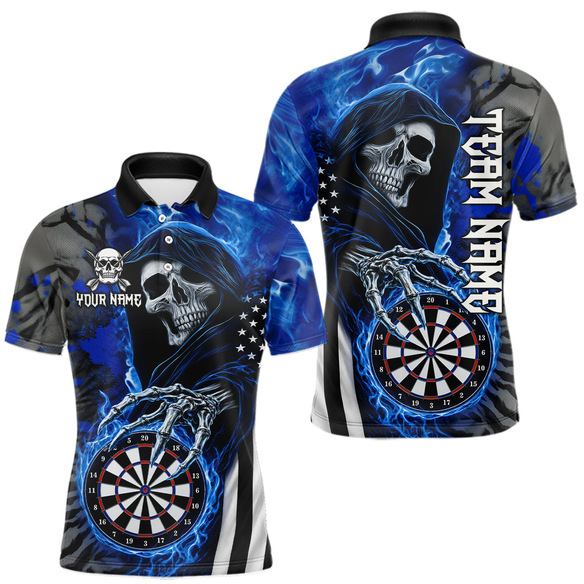 Maxcorners Personalized Blue Flame Grim Reaper US Flag Darts Shirts For Men Custom Skull Darts Team Jersey