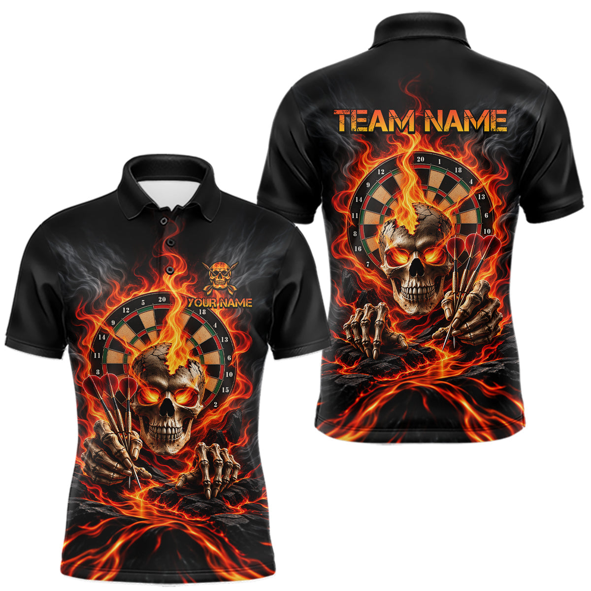 Maxcorners Personalized Orange Flaming Skull Darts Shirts For Men Custom Fire Darts Team Jersey Polo, 1/4 Zip