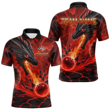 Maxcorners Personalized Dragon Bowling Shirts Custom Fire Flame Red Bowling Team Jersey Polo & 1/4 Zip For Men LM2806
