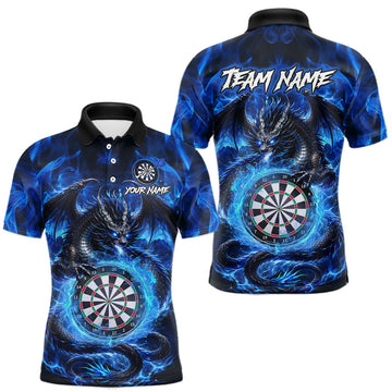 Maxcorners Personalized Blue Flame Dragon Darts Polo & Quarter Zip Shirts For Men, Darts League Team Jersey LM0106
