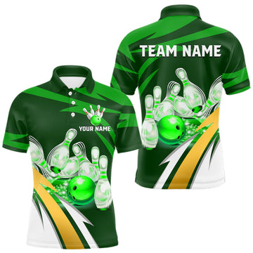 Maxcorners Personalized Green Strike Ball Bowling Shirt for Men, Custom Team Bowling Jersey Polo and Quarter-Zip