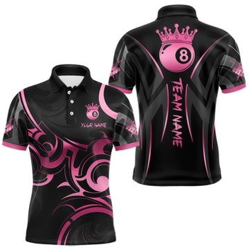 Maxcorners Pink And Black 8 Ball Crown Tribal Billiard Shirt For Men Custom Pool Team Jersey Polo & 1/4 Zip LM0409