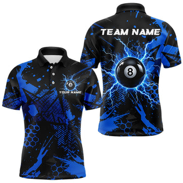 Maxcorners Black And Blue Grunge Lightning 8 Ball Pool Jersey For Men Custom Billiard League Team Shirts