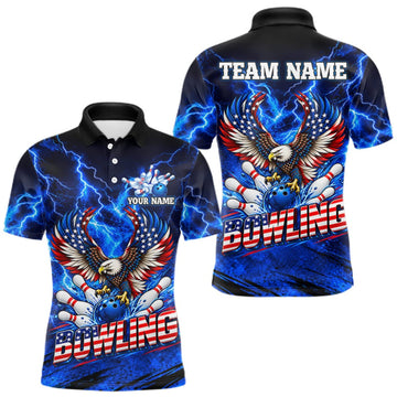 Maxcorners Custom Blue Lightning Thunder US Flag Eagle Bowling Shirts for Men Patriotic Bowling Team Jersey LM2709