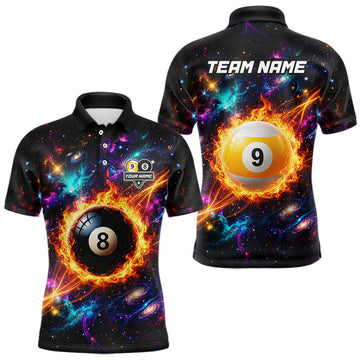 Maxcorners Personalized Galaxy Fire 8 Ball 9 Ball Billiard Shirt For Men, Pool Team Jersey Polo & Quarter Zip